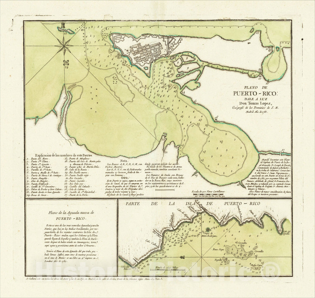 Historic Map : Plano de Puerto-Rico: Dale A Luz, 1785 - Plano de la Aguada nueva de Puerto-Rico, c1785, Don Juan Lopez, Vintage Wall Art