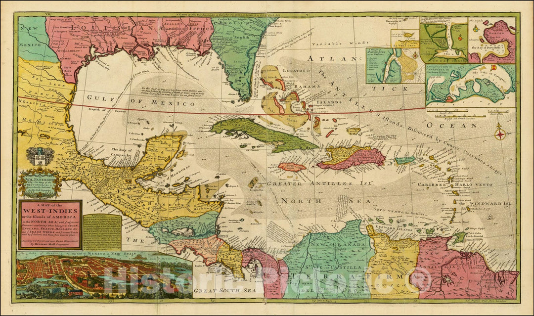 Historic Map : A Map of the West-Indies or the Islands of America in the North Sea; with ye adjacent Countries;, 1715, , Vintage Wall Art