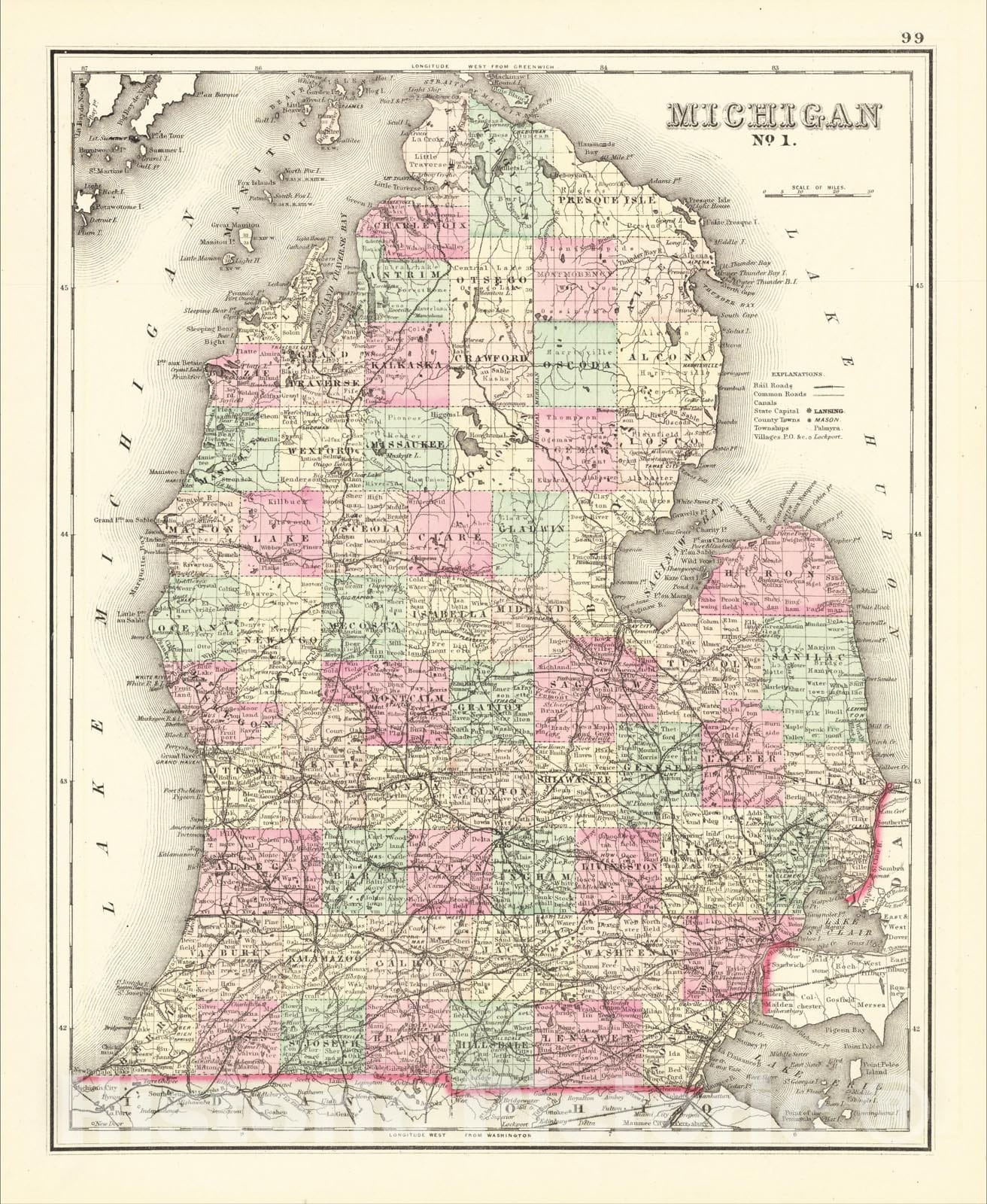 Historic Map : Michigan, 1875, R. Gray, Vintage Wall Art