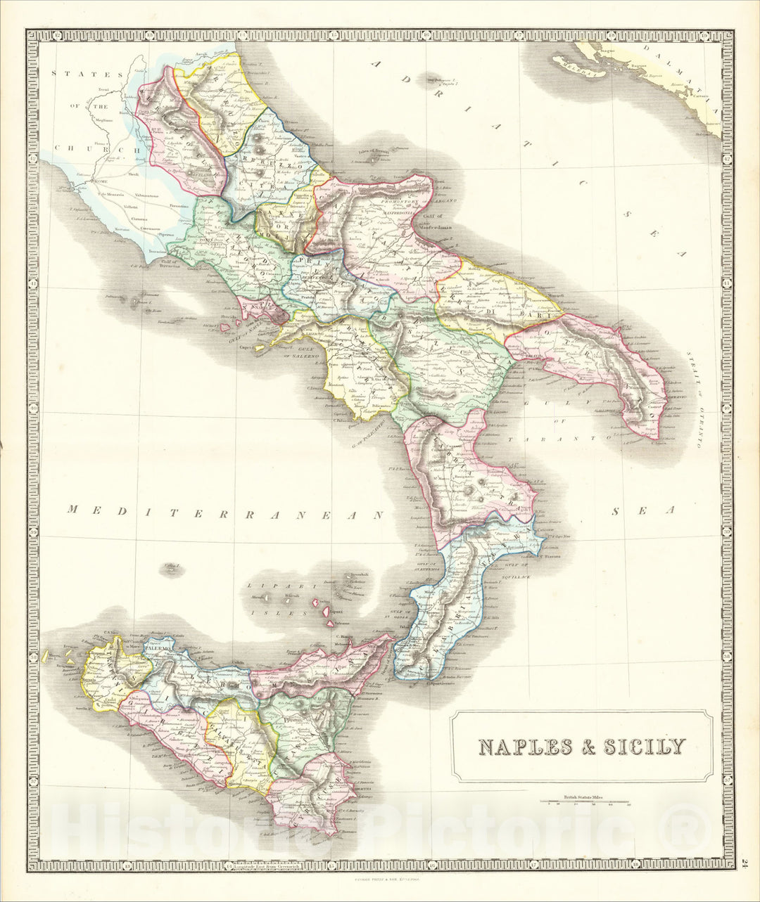 Historic Map : Naples and Sicily, 1854, George Philip & Son, Vintage Wall Art