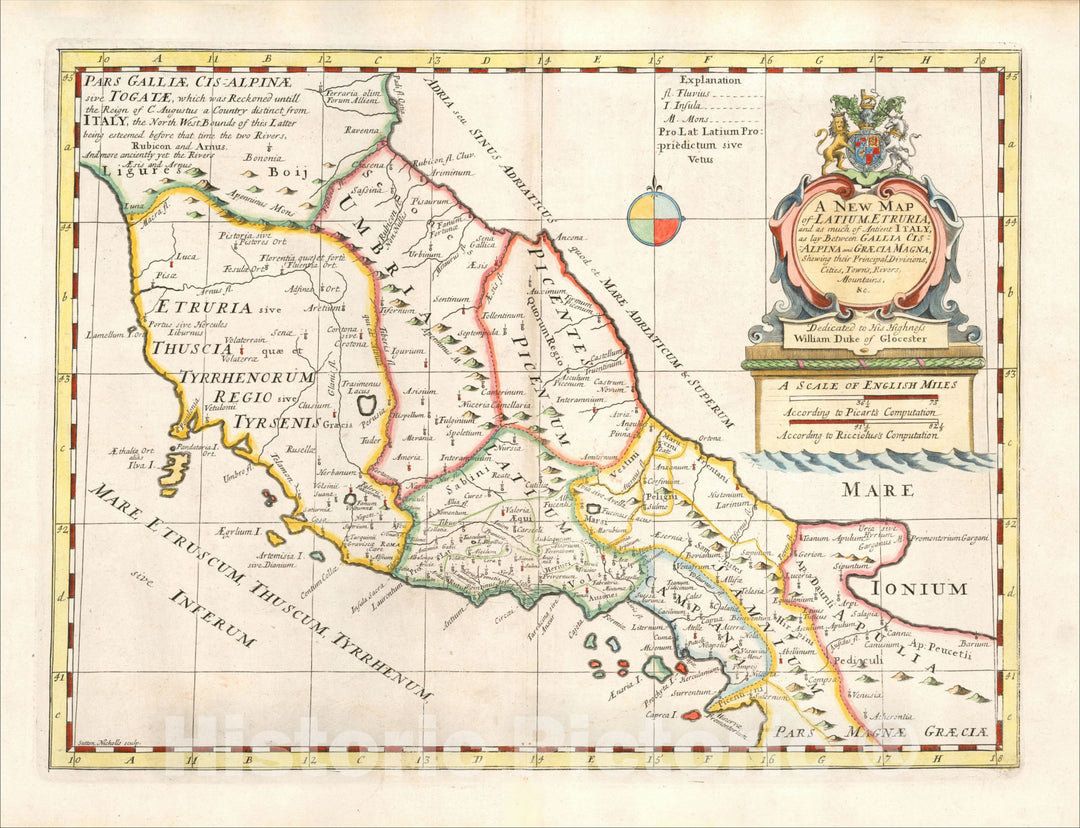 Historic Map : A New Map of Latium Etruria and as much of Antient Italy as lay Between Gallia Cisalpina and Graecia Magna, c1700, Vintage Wall Art