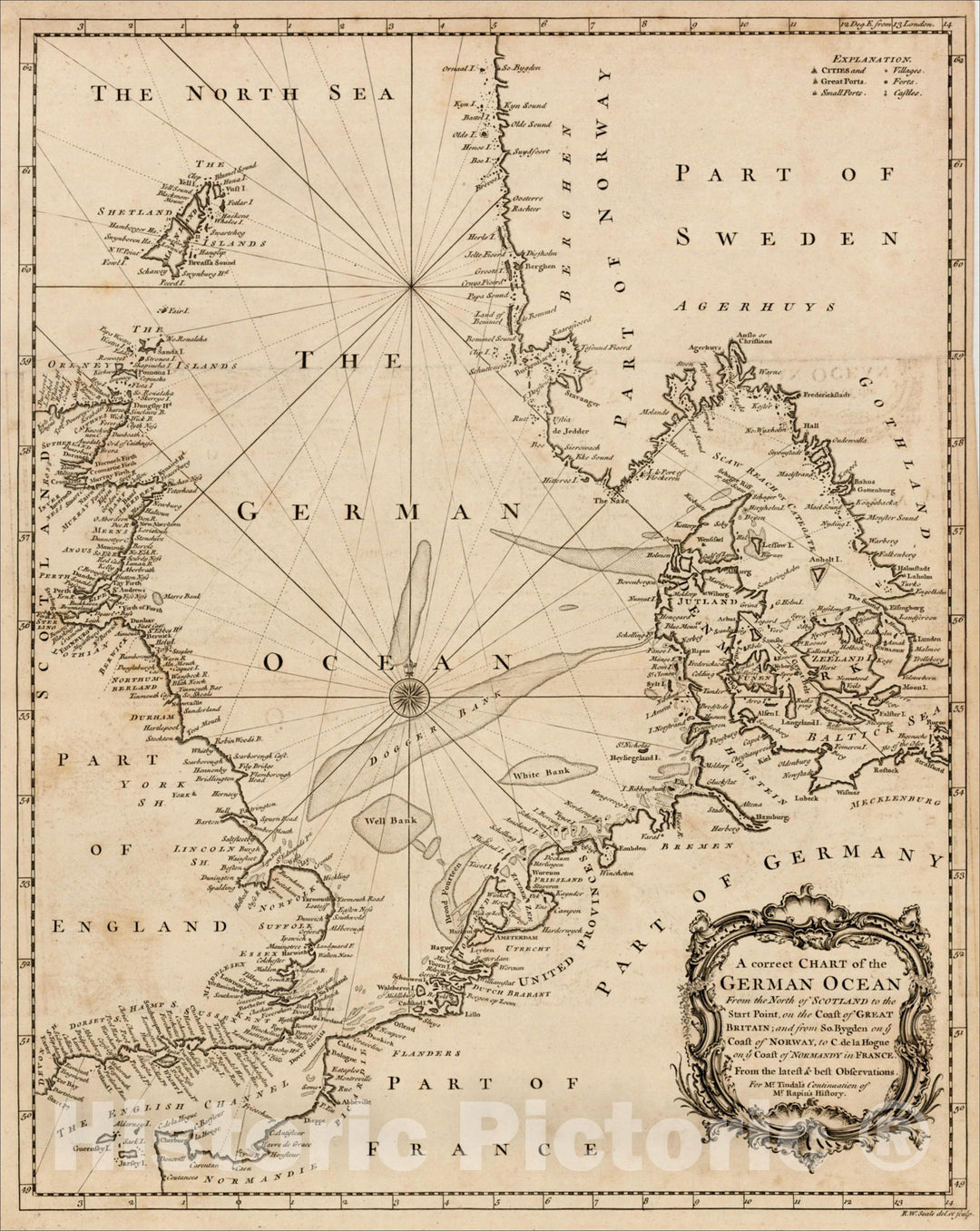 Historic Map : A correct Chart of the German Ocean From the North of Scotland to the Start Point on the Coast of Great Britain, 1746, , Vintage Wall Art