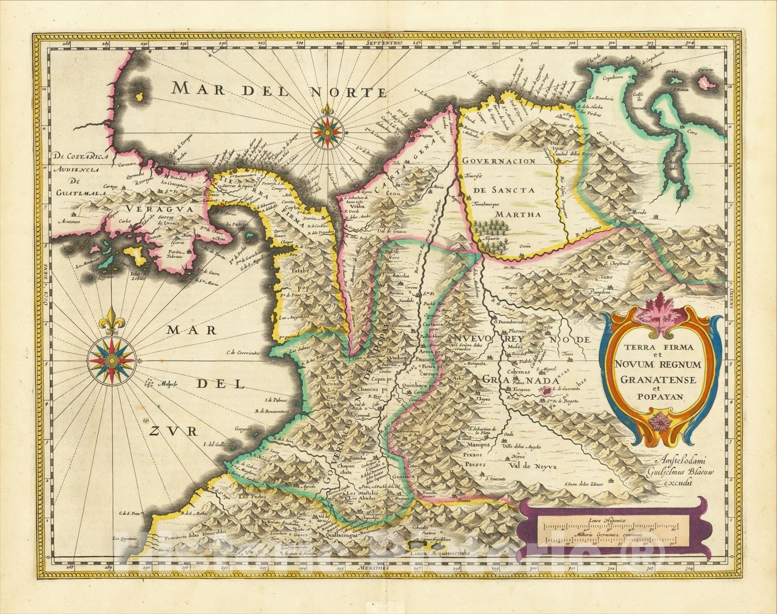 Historic Map : (Colombia) Terra Firma et Novum Regnum Granatense et Popayan, c1640, Willem Janszoon Blaeu, Vintage Wall Art