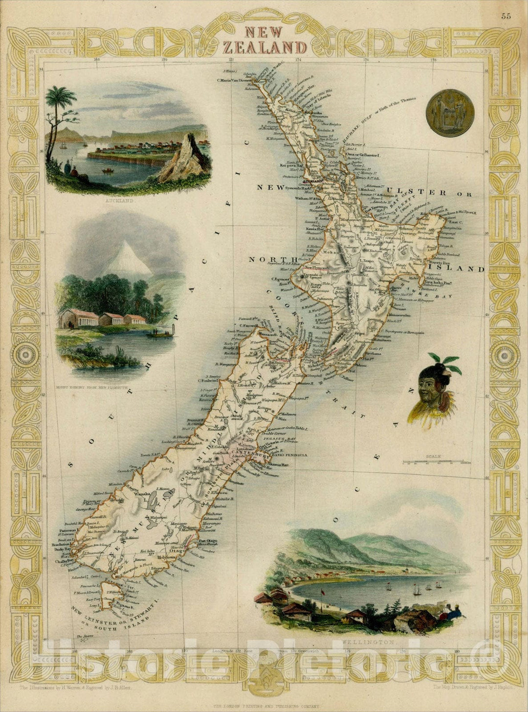 Historic Map : New Zealand, 1851, John Tallis, v4, Vintage Wall Art