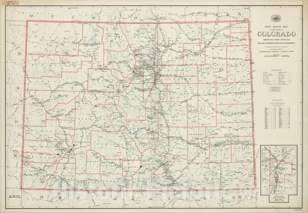 Historic Map : Post Route Map of the State of Colorado Showing Post Offices With The Intermediate Distances On Mail Routes, 1924, Vintage Wall Art