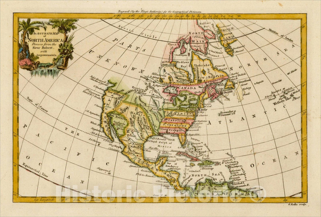 Historic Map : An Accurate Map of North America Drawn from the Sieur Robert, with Improvements., 1762, George Rollos, v2, Vintage Wall Art