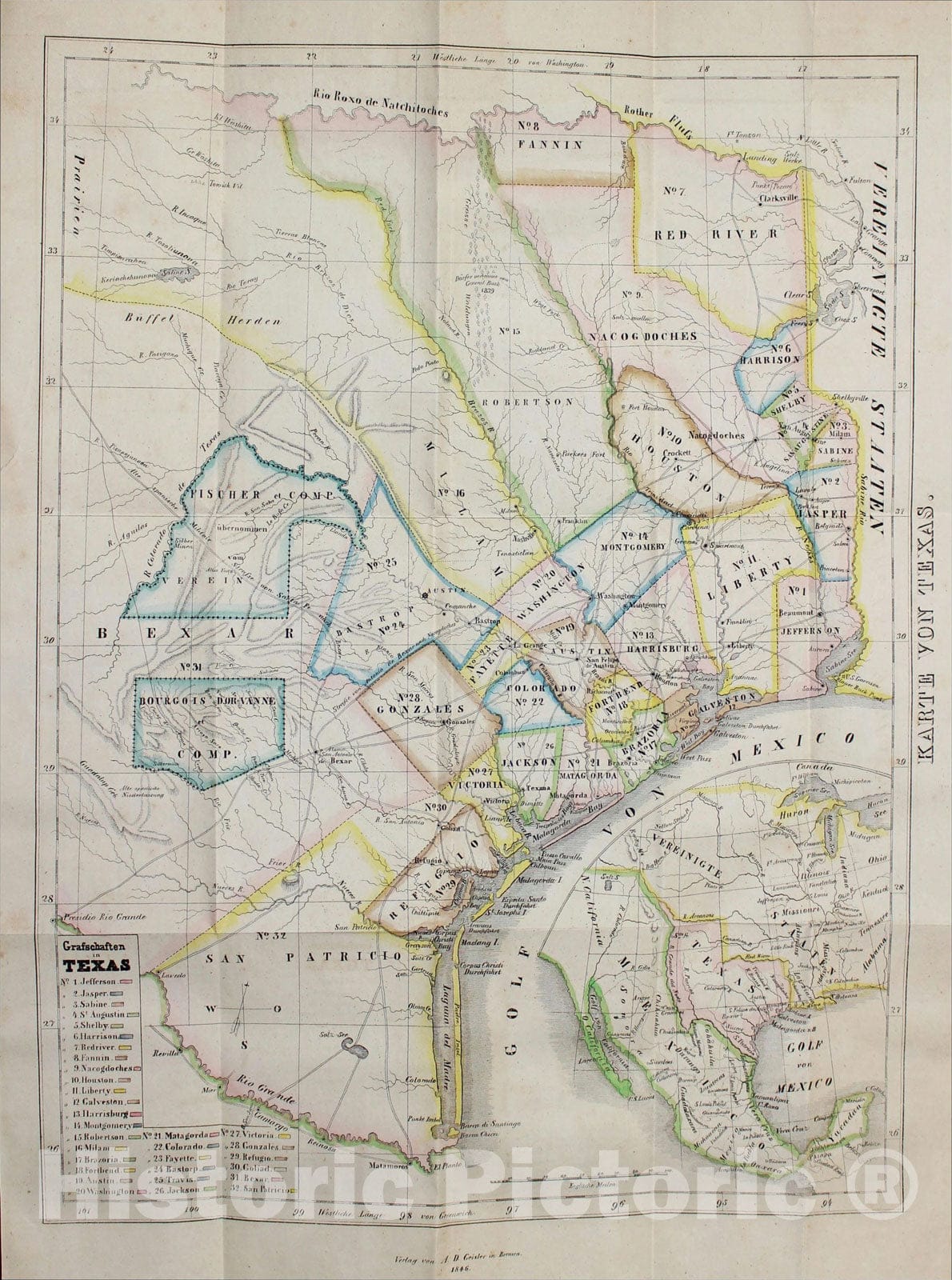 Historic Map : Karte Von Texas, 1846, A.D. Geisler, Vintage Wall Art