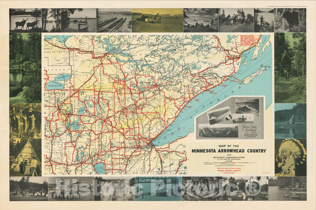 Historic Map : Map of the Minnesota Arrowhead Country and Adjacent Canadian Cities In the Greater Arrowhead, 1942, Minnesota Arrowhead Association, Vintage Wall Art