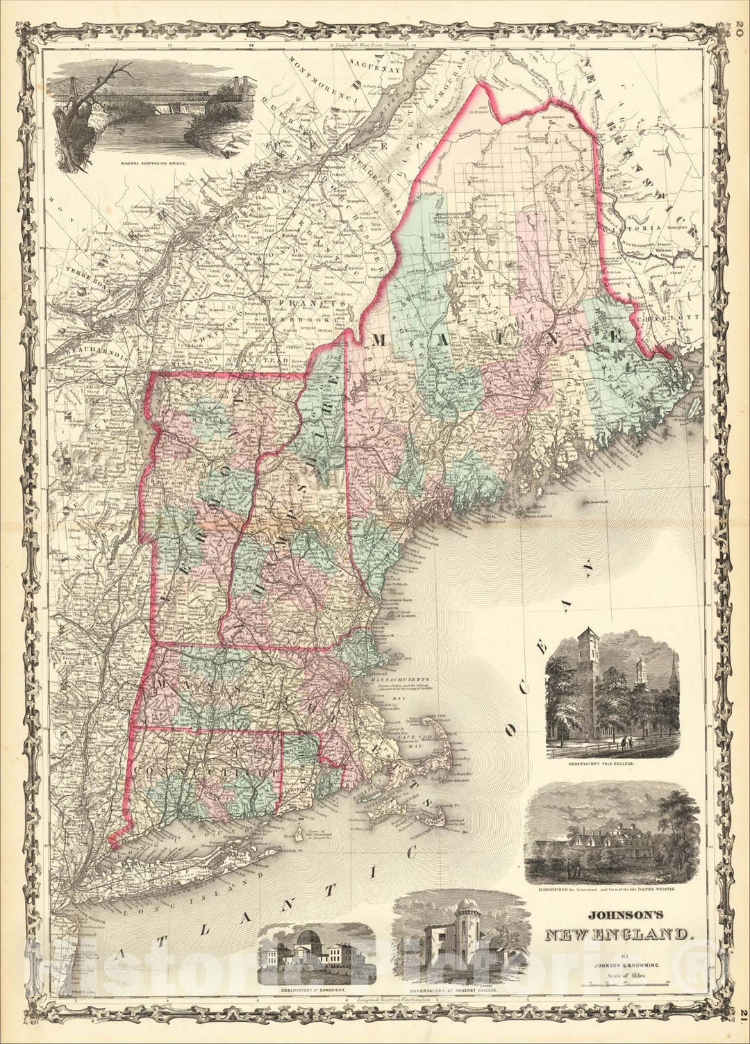 Historic Map : Johnson's New England, 1861, Alvin Jewett Johnson, Vintage Wall Art