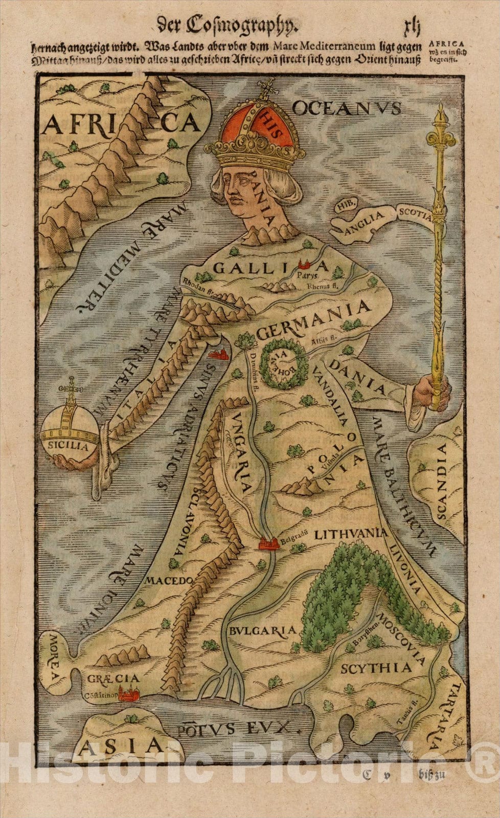 Historic Map : [Europe as a Queen], 1570, Sebastian M?nster, Vintage Wall Art