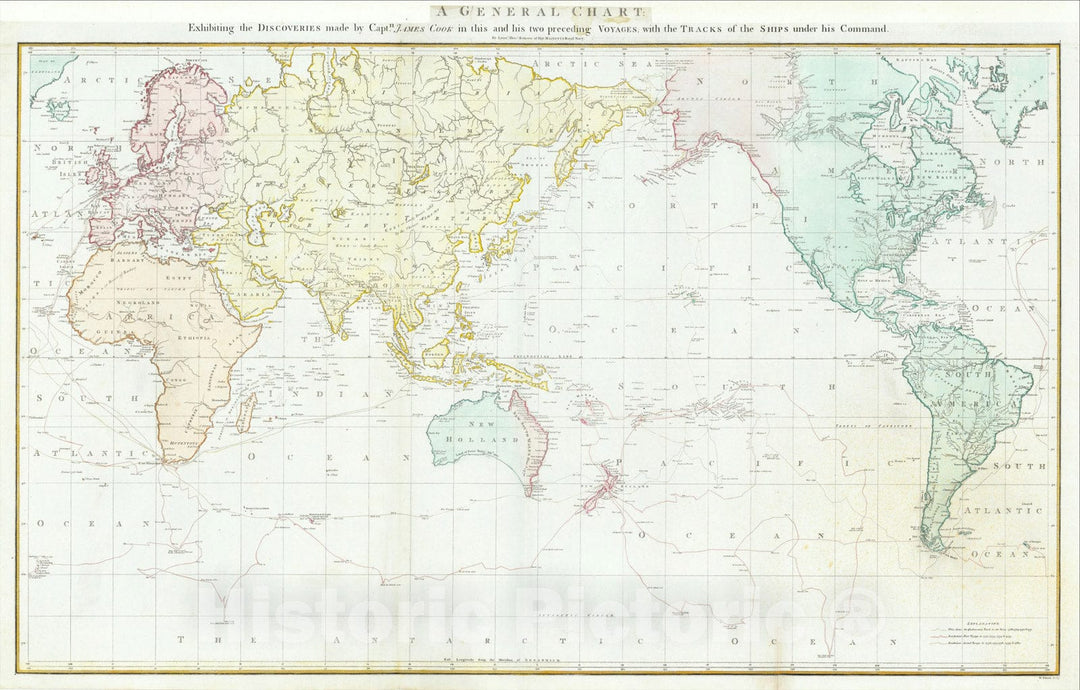 Historic Map : World Map Encompassing Cook's Three Voyages, c1782, James Cook, Vintage Wall Art