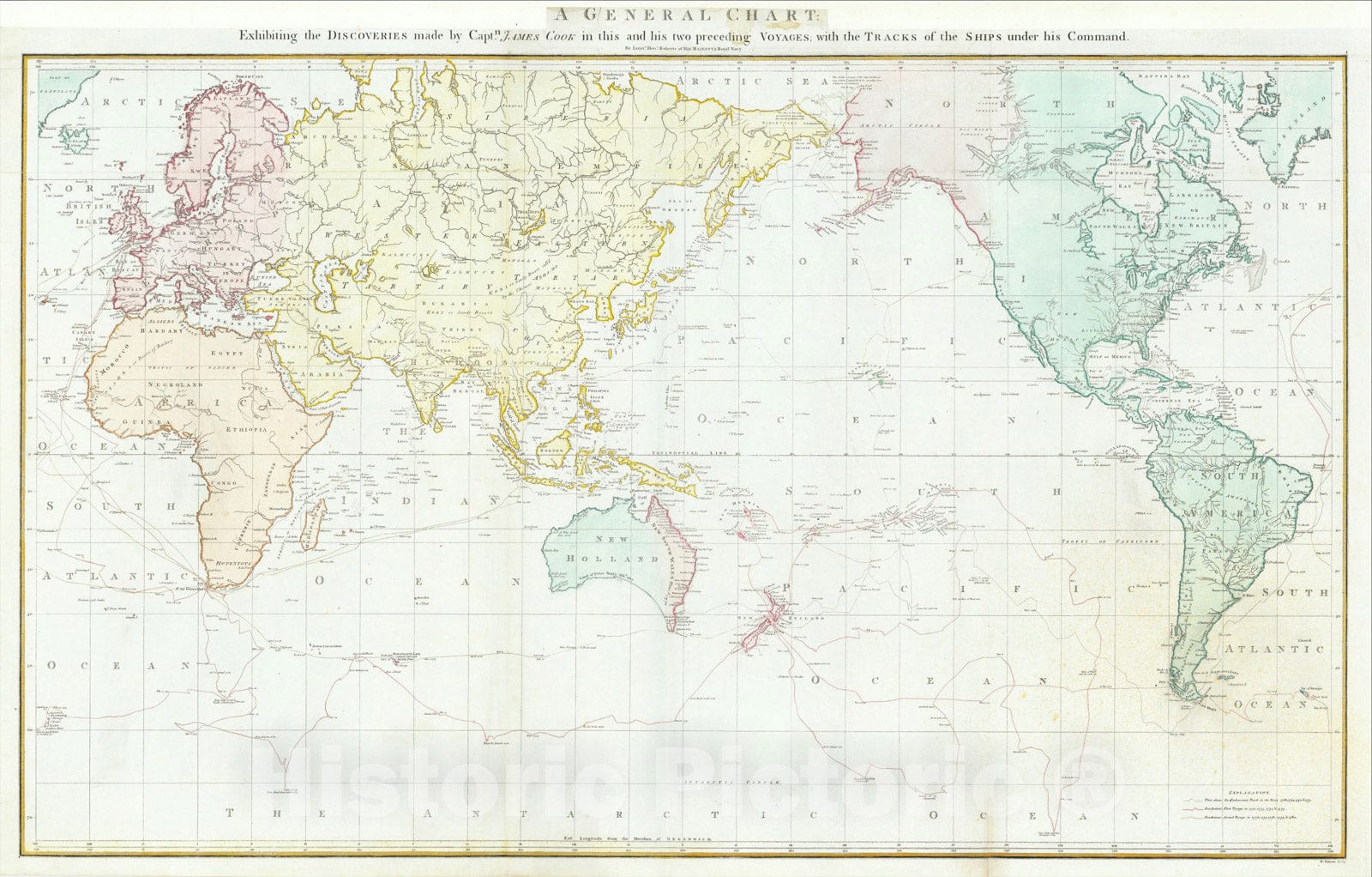 Historic Map : World Map Encompassing Cook's Three Voyages, c1782, James Cook, Vintage Wall Art