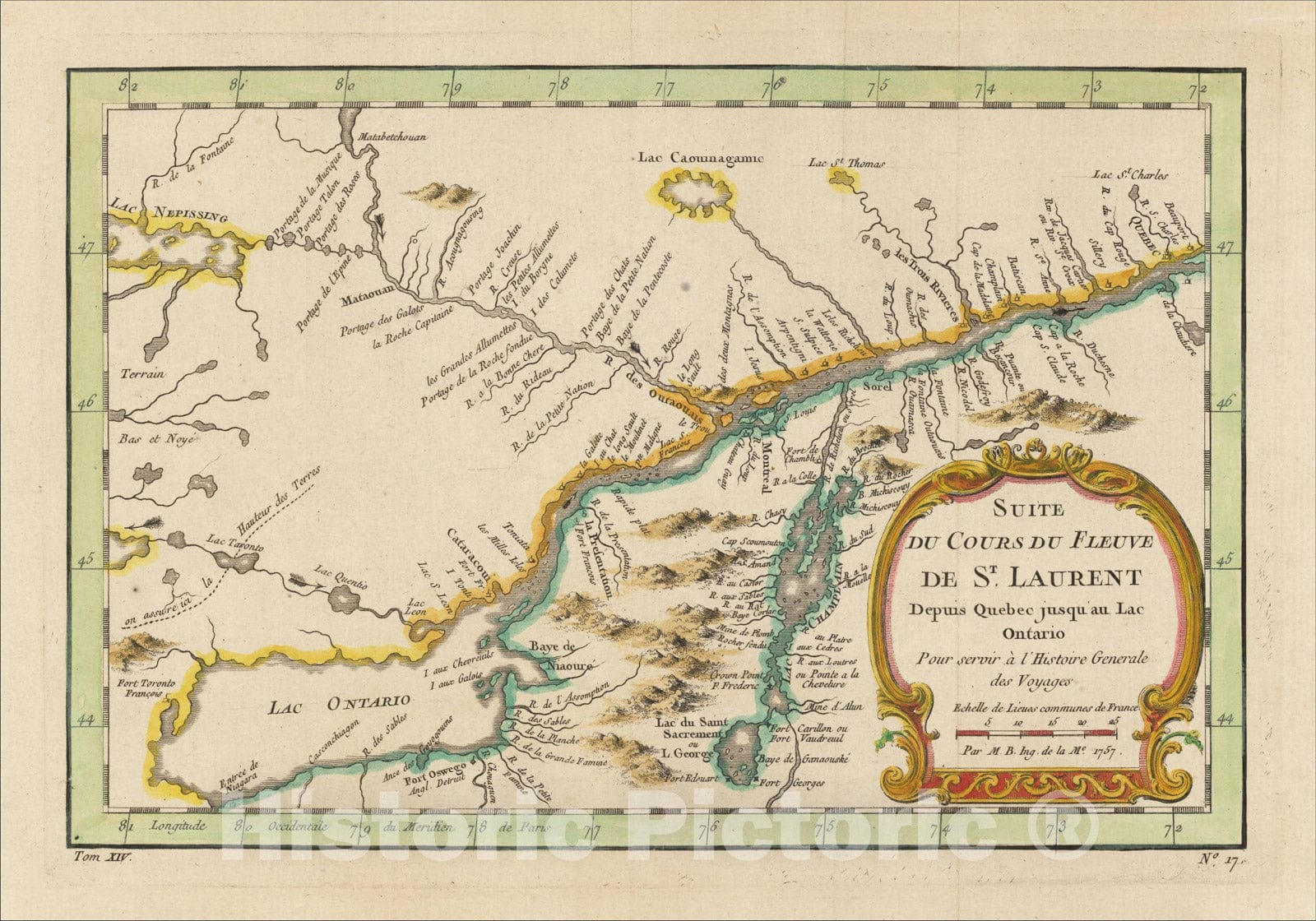 Historic Map : Suite Du Cours Du Fleuve De St. Laurent Depuis Quebec jusqu au Lac Ontario, (Lake Champlain), 1757, Jacques Nicolas Bellin, Vintage Wall Art