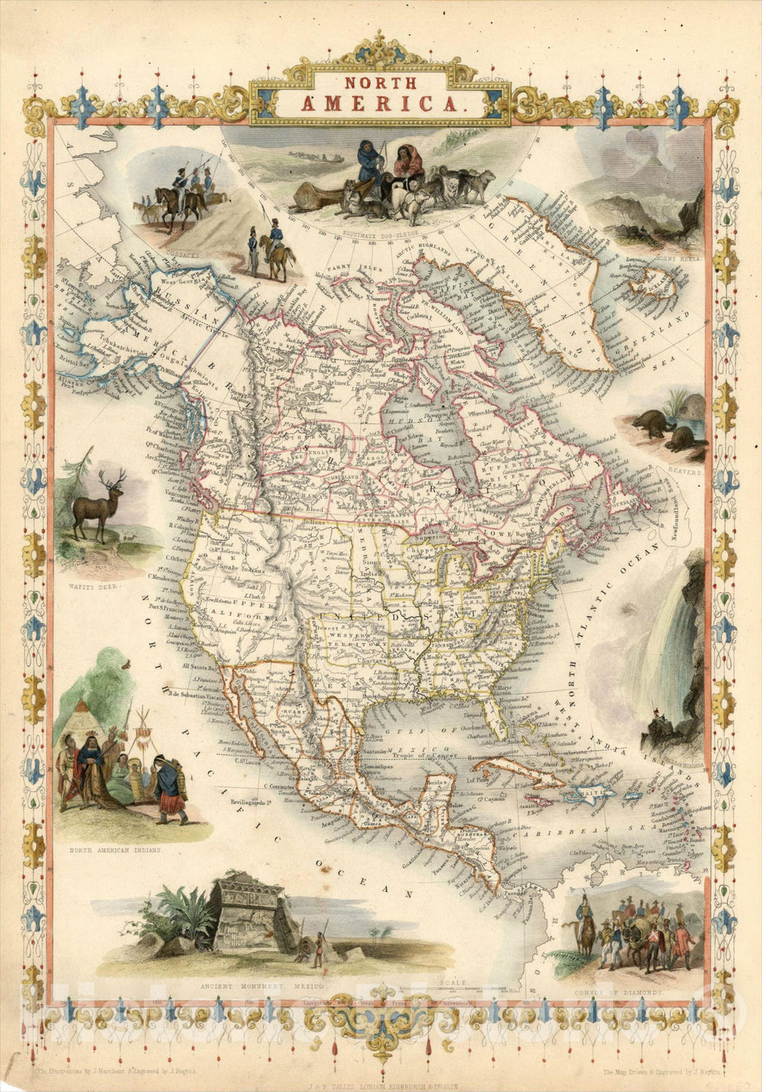 Historic Map : North America, 1851, John Tallis, v6, Vintage Wall Art