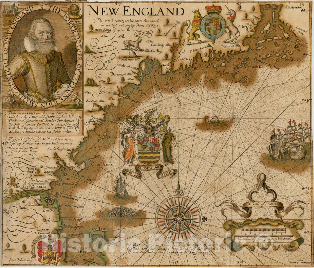 Historic Map : New England The most remarqueable parts thus named by the high and mighty Prince Charles, 1616, , Vintage Wall Art