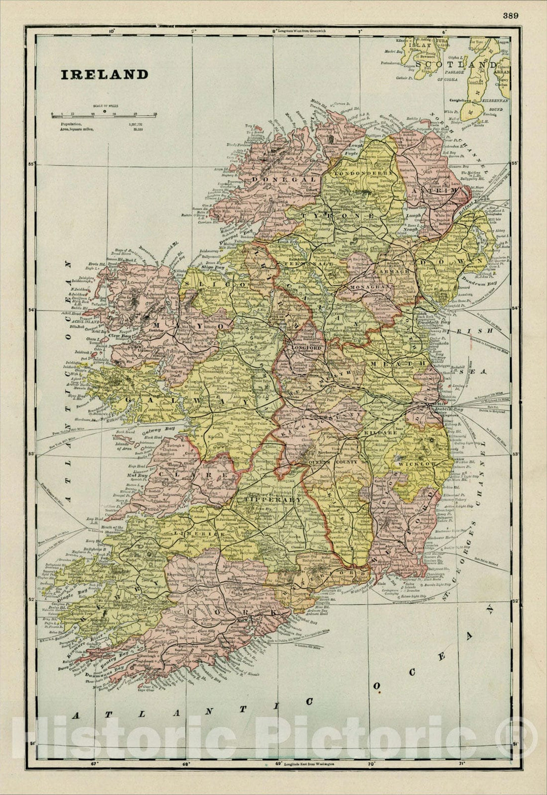 Historic Map : Ireland, 1899, George F. Cram, Vintage Wall Art