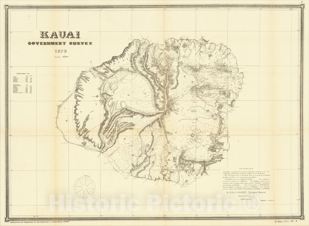 Historic Map : Kauai Government Survey 1878, 1878, Hawaiian Government Survey, Vintage Wall Art