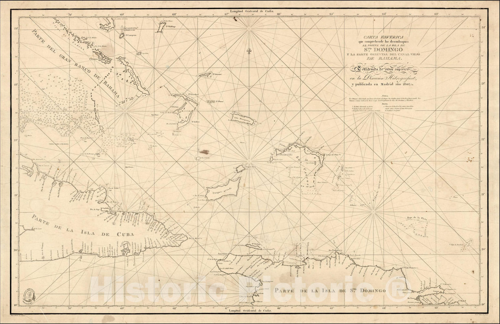 Historic Map : Bahamas, Cuba, Santa Domingo, 1802, Direccion Hidrografica de Madrid, Vintage Wall Art