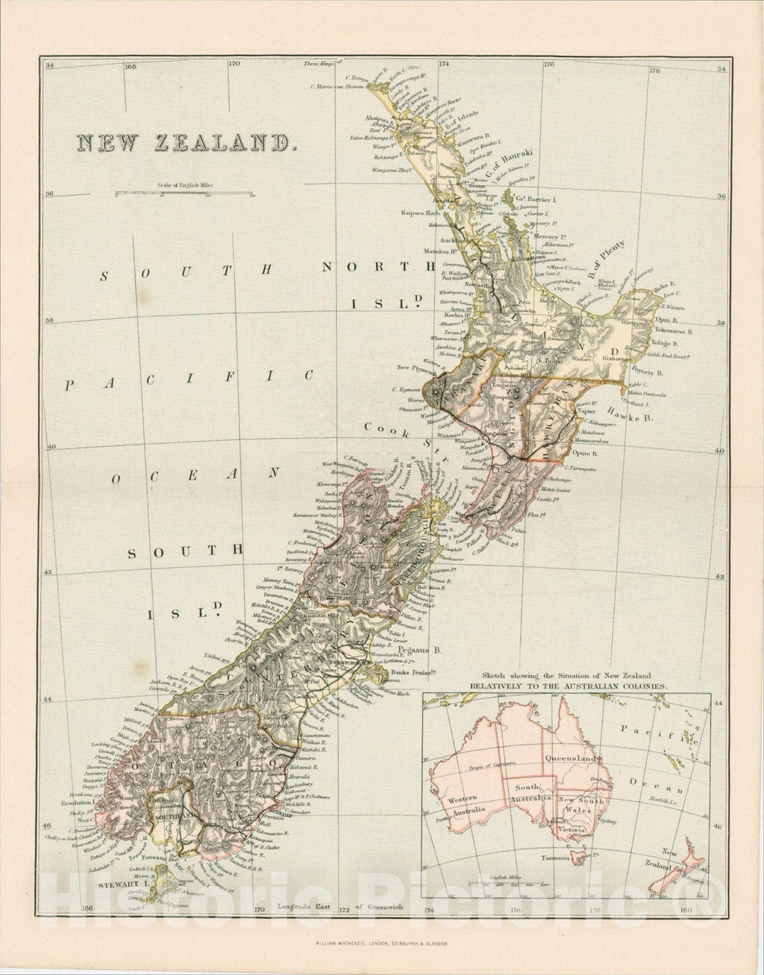 Historic Map : New Zealand, 1880, Alexander MacKenzie, Vintage Wall Art