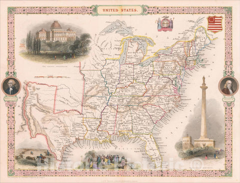 Historic Map : United States Including Texas, 1848, John Tallis, v4, Vintage Wall Art