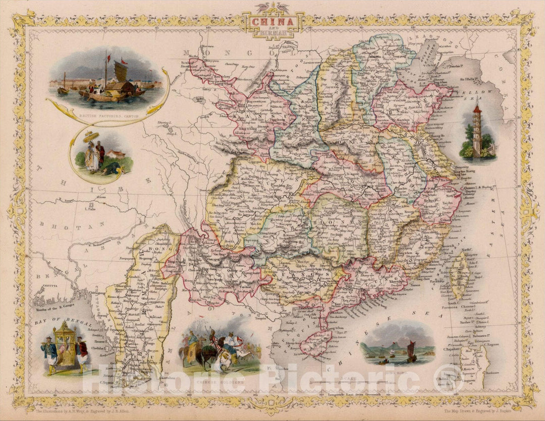 Historic Map : China and Birmah, 1851, John Tallis, v2, Vintage Wall Art