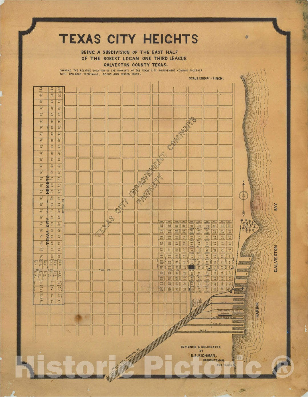 Historic Map : Texas City Heights Being a Subdivision of the East Half of the Robert Logan One Third League Galveston County Texas., 1895, U.S. Richman, Vintage Wall Art