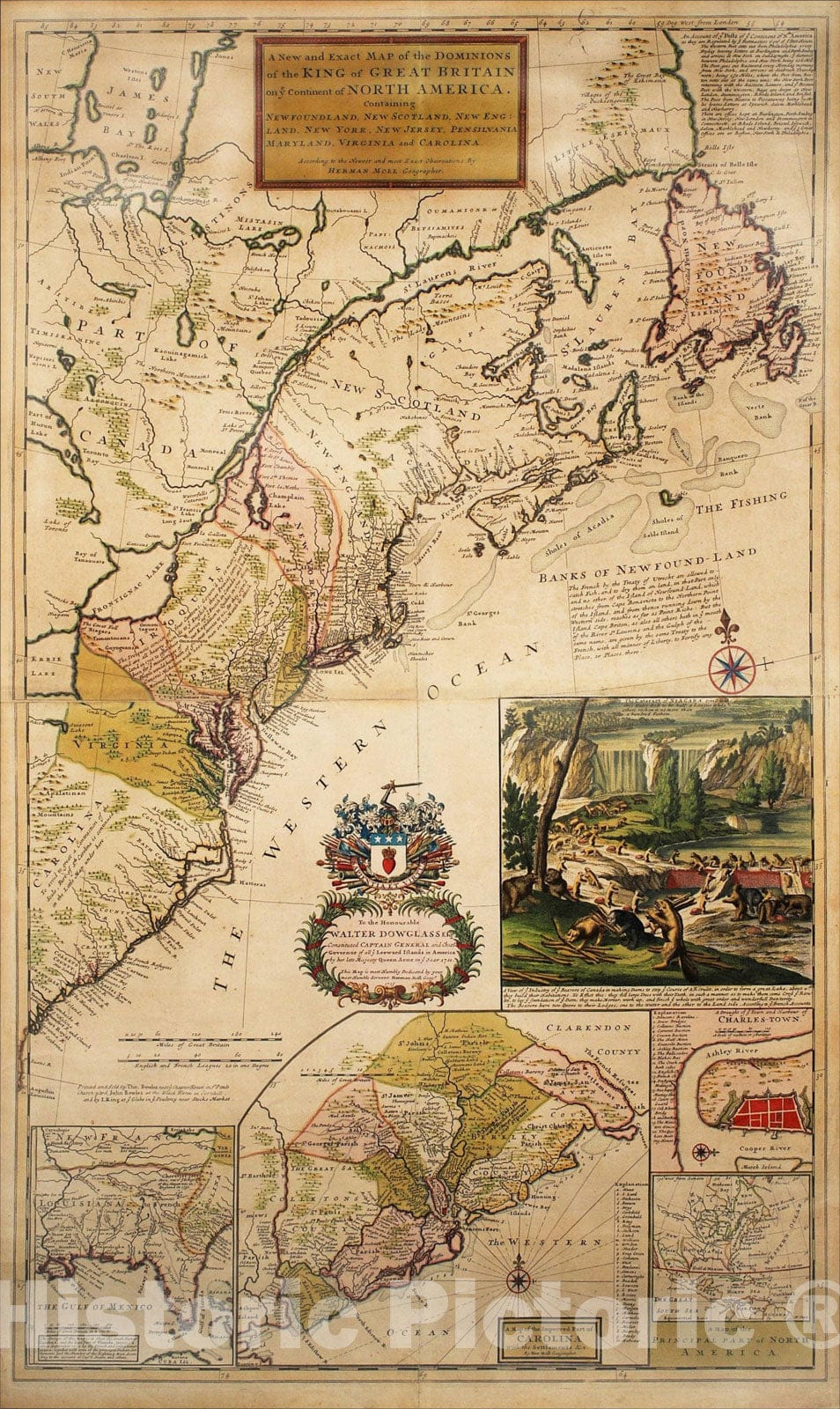 Historic Map : A New and Exact Map of the Dominions of the King of Great Britain on ye Continent of North America . . .[the Beaver Map], c1730, Herman Moll, Vintage Wall Art