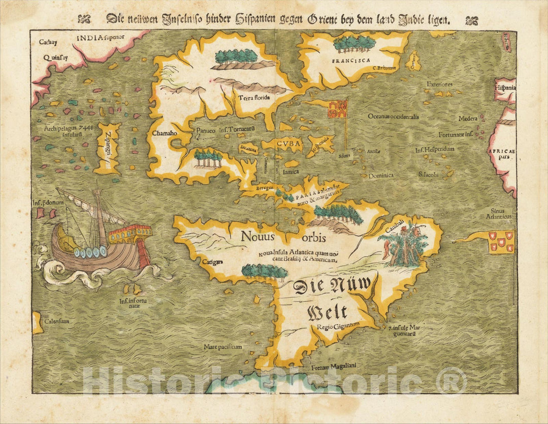 Historic Map : [First Map of the Continent of America] Die Neuwen Inseln, So hinder Hispanien gegen Orient ven dem land indie ligen, 1561, Sebastian M?nster, v2, Vintage Wall Art