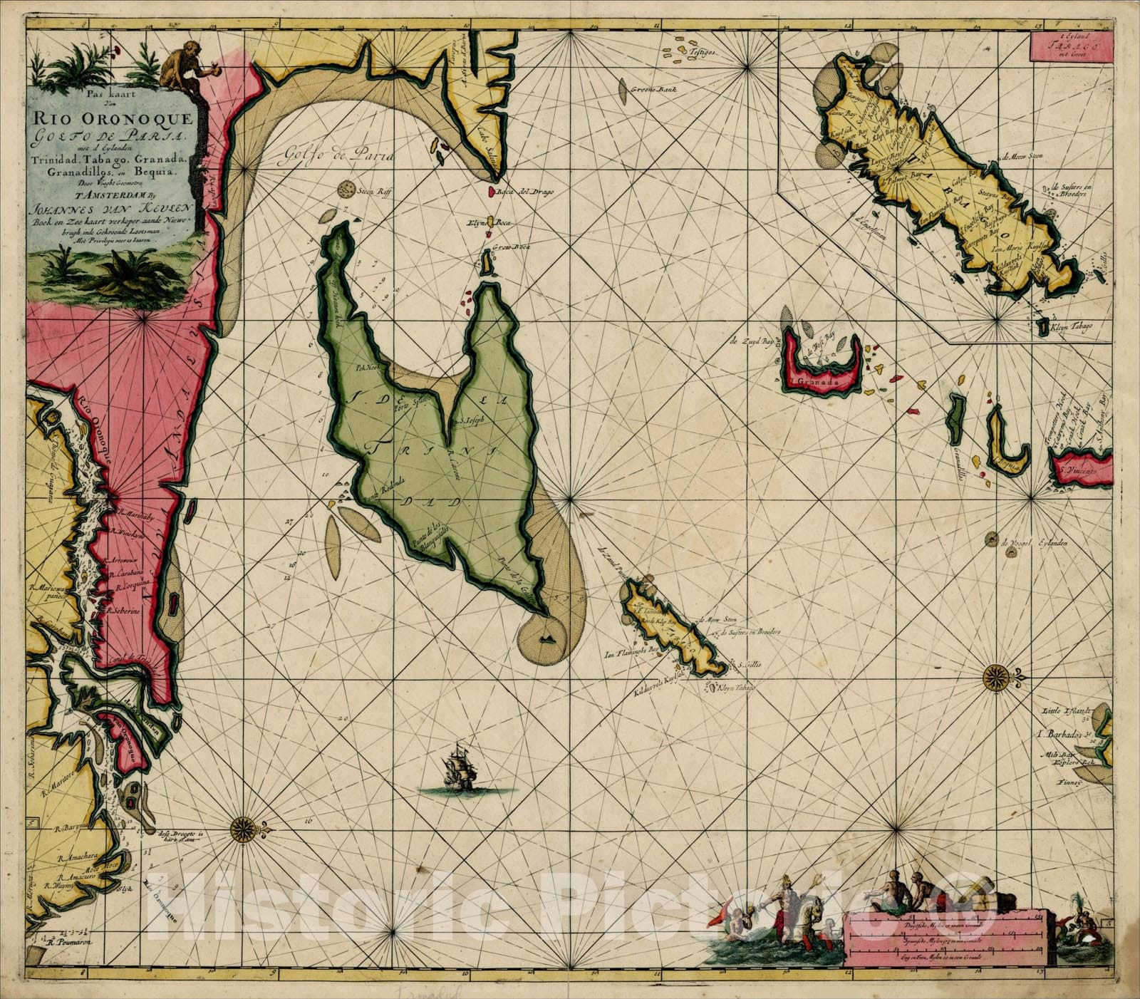 Historic Map : Pas kaart Van Rio Oronoque Golfo De Paria met d'Eylanden Trinidad, Tabago, Granada, Granadillos, en Bequia, 1684, Johannes Van Keulen, Vintage Wall Art