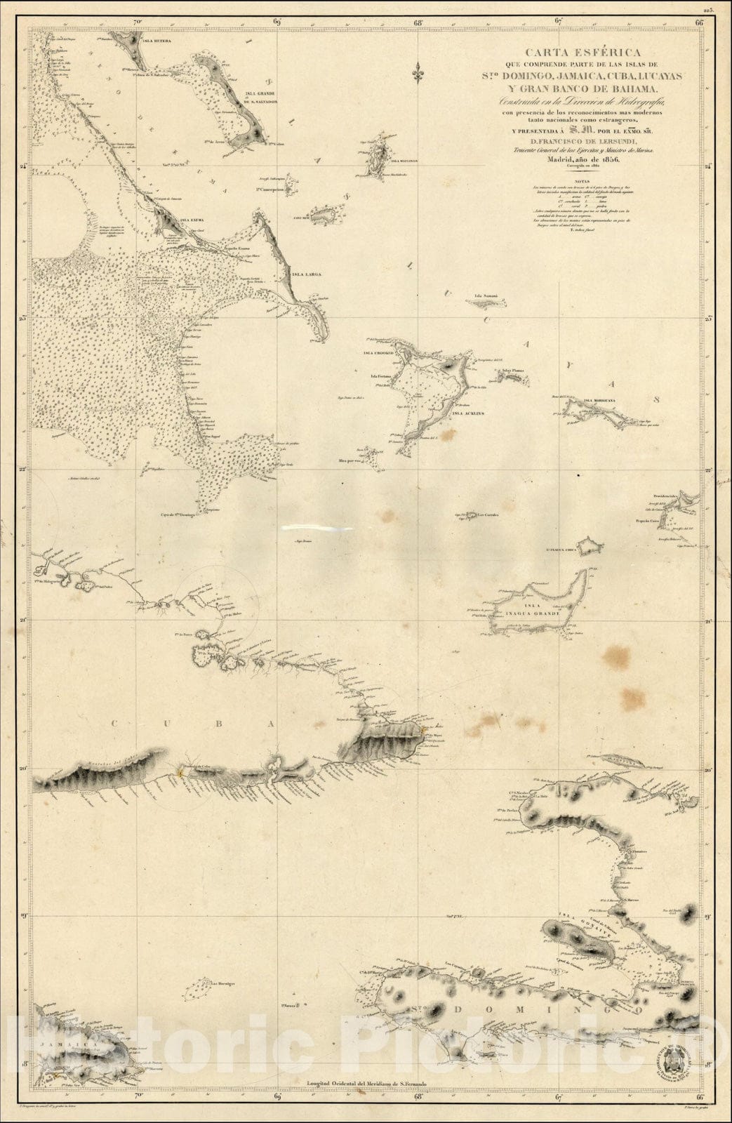 Historic Map : Carta Esferica De Una Parte De La Isla De Sto. Domingo con los Desemboques al N. De La Misma. . . 1856, 1862, Direccion Hidrografica de Madrid, Vintage Wall Art