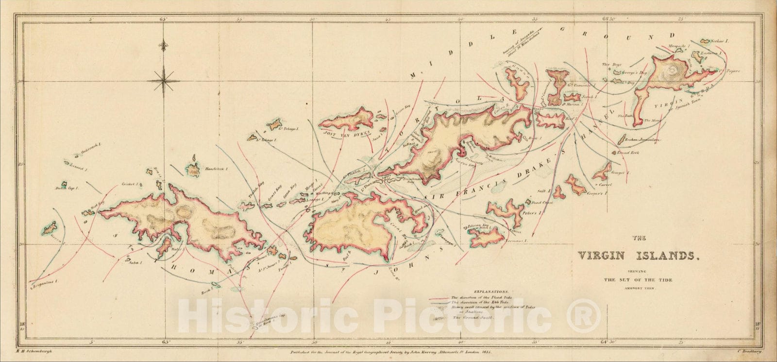 Historic Map : The Virgin Islands. Shewing The Set of the Tide Amongst Them., 1835, Royal Geographical Society, Vintage Wall Art