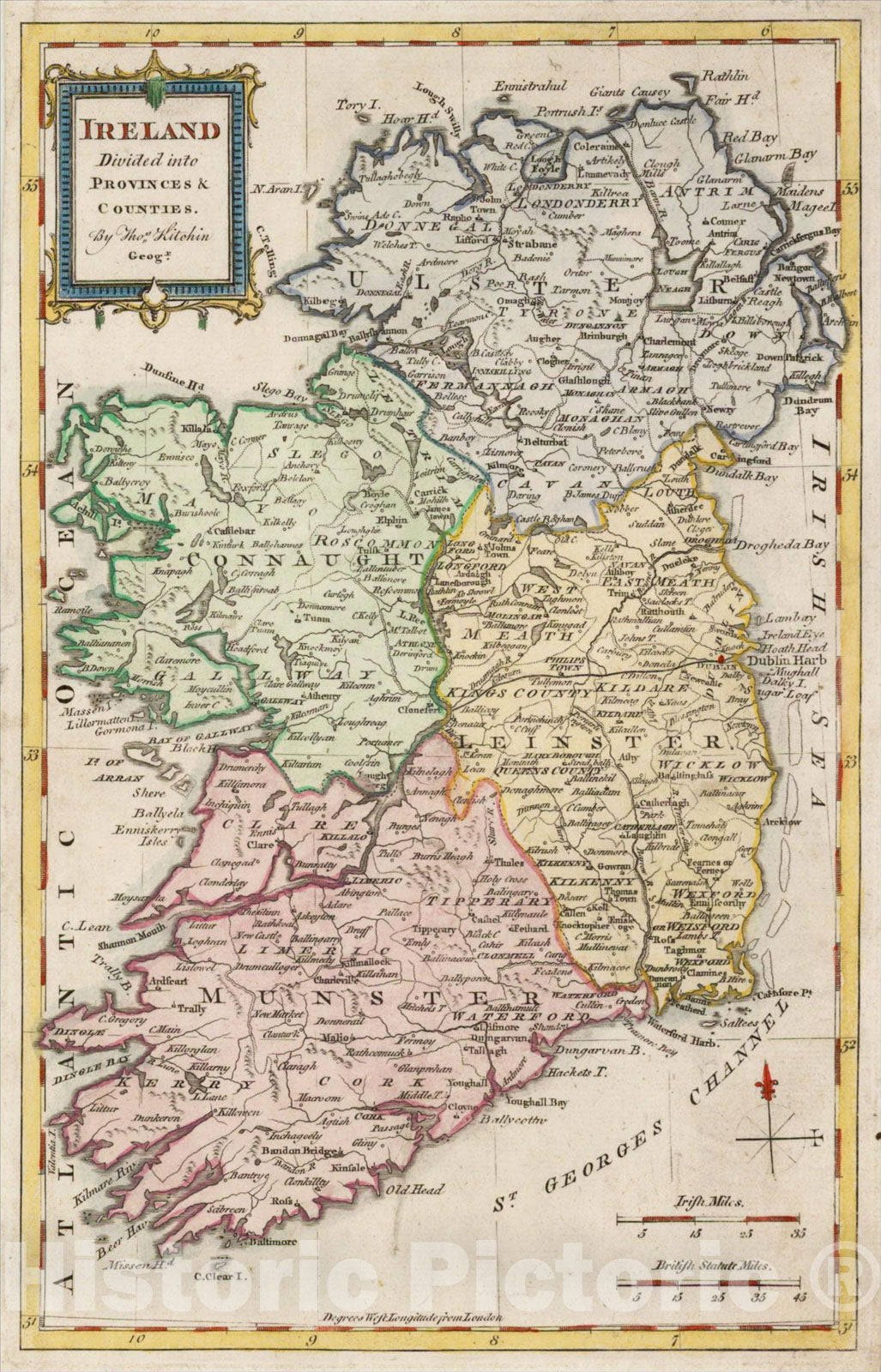 Historic Map : Ireland divided in Provinces & Counties., c1760, Thomas Kitchin, Vintage Wall Art