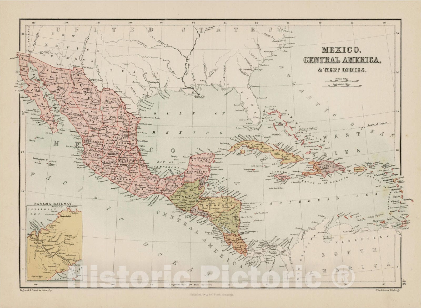 Historic Map : Mexico, Central America & West Indies, 1869, Adam & Charles Black, Vintage Wall Art