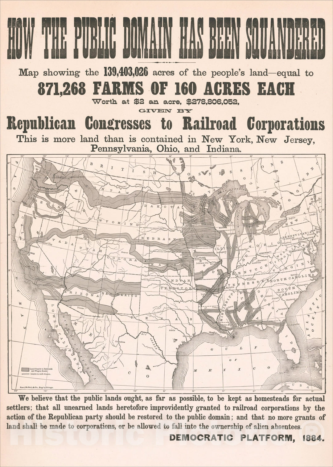 Historic Map : How The Public Domain Has Been Squandered, (Political Map Showing Land Given Away by Republican Congresses to Railroad Corporations), 1884, Vintage Wall Art