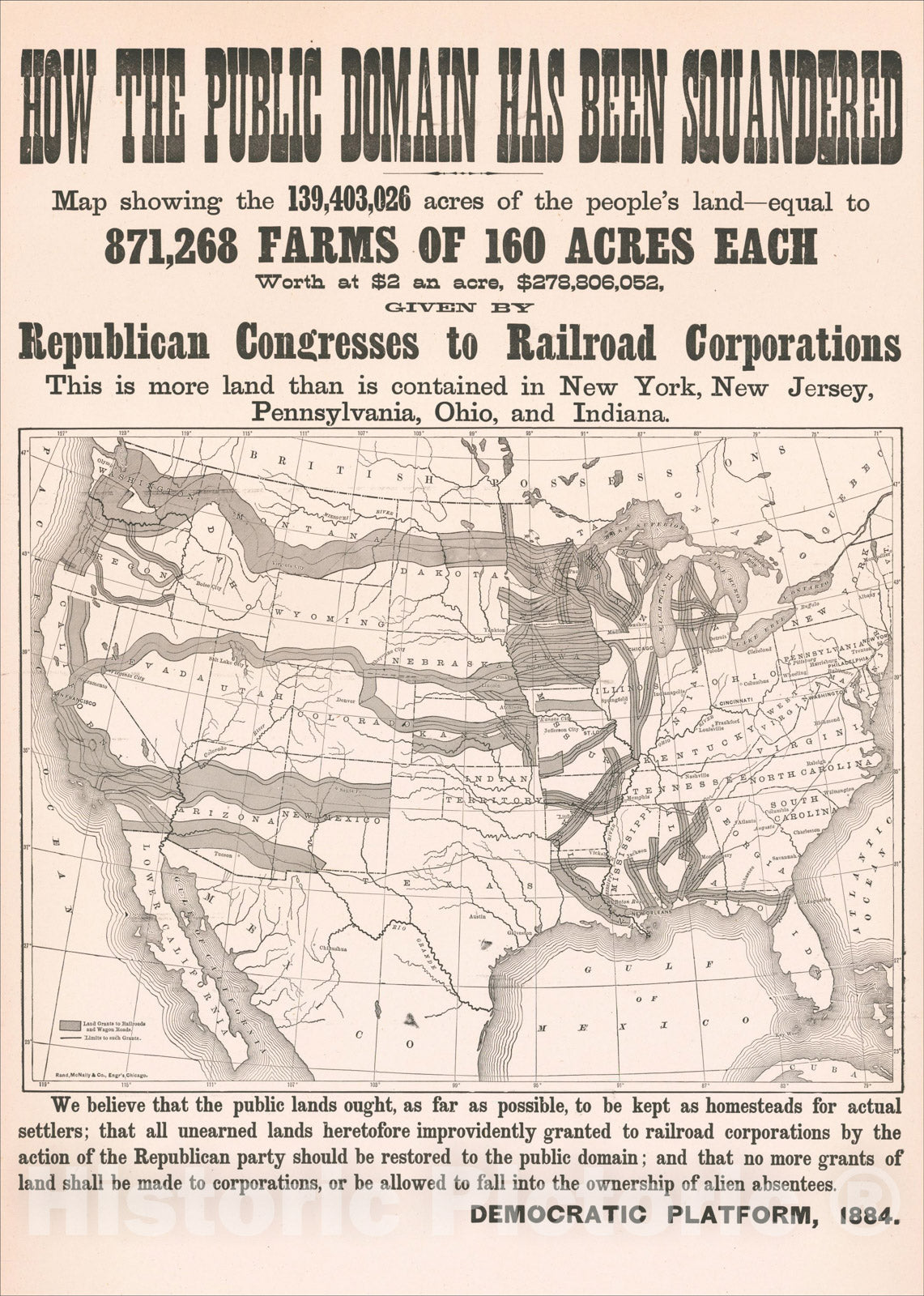 Historic Map : How The Public Domain Has Been Squandered, (Political Map Showing Land Given Away by Republican Congresses to Railroad Corporations), 1884, Vintage Wall Art