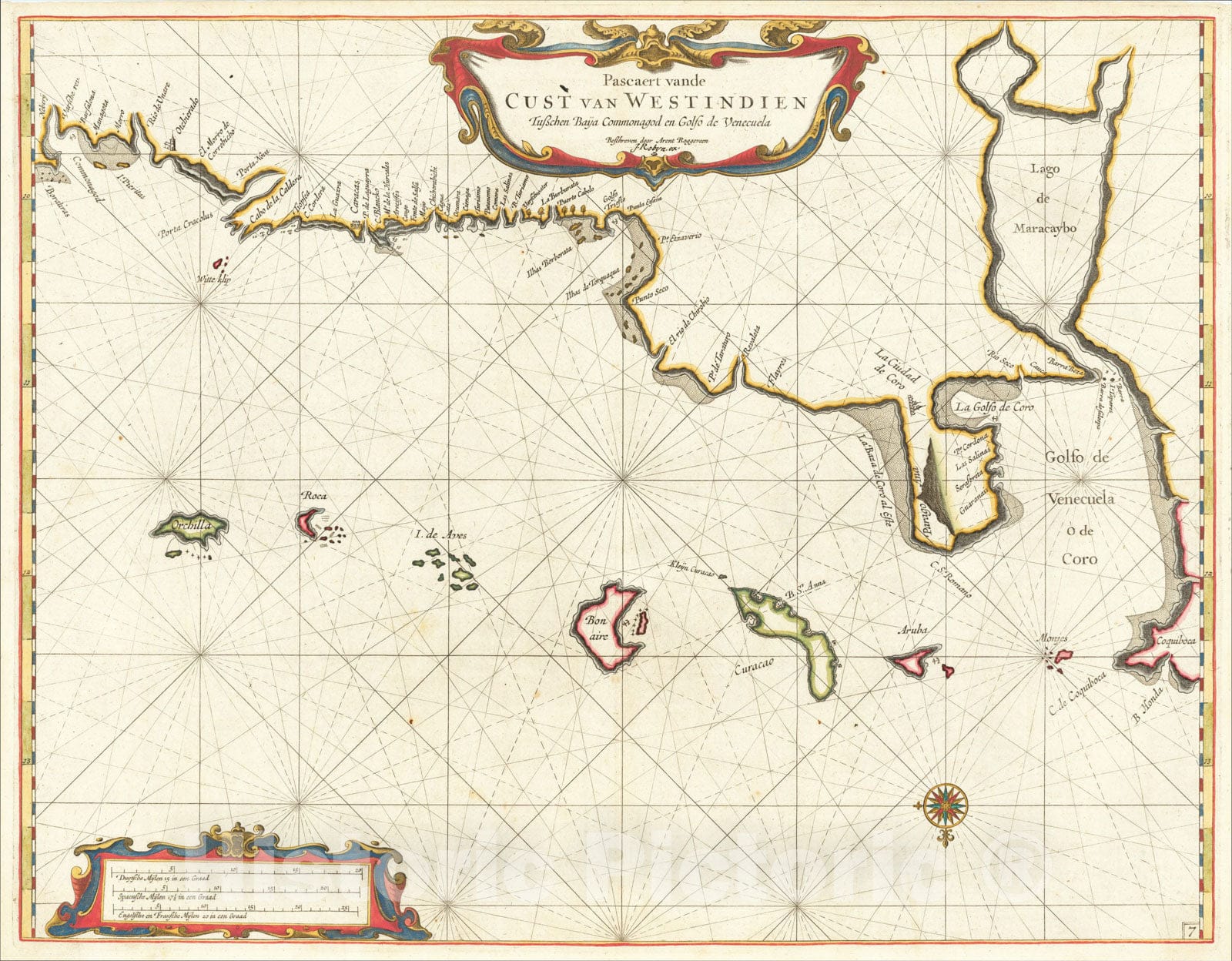 Historic Map : Curacao, Aruba, Bonaire and the Venezuelan Coastline, c1675, Arent Roggeveen, Vintage Wall Art