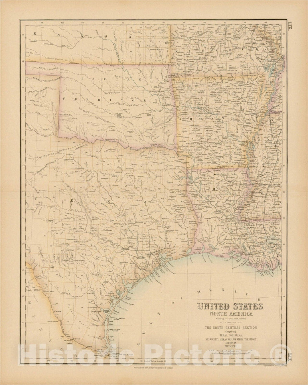 Historic Map : United States North America According to Calvin Smith& Tanner, South Central Section, 1855, Archibald Fullarton & Co., Vintage Wall Art