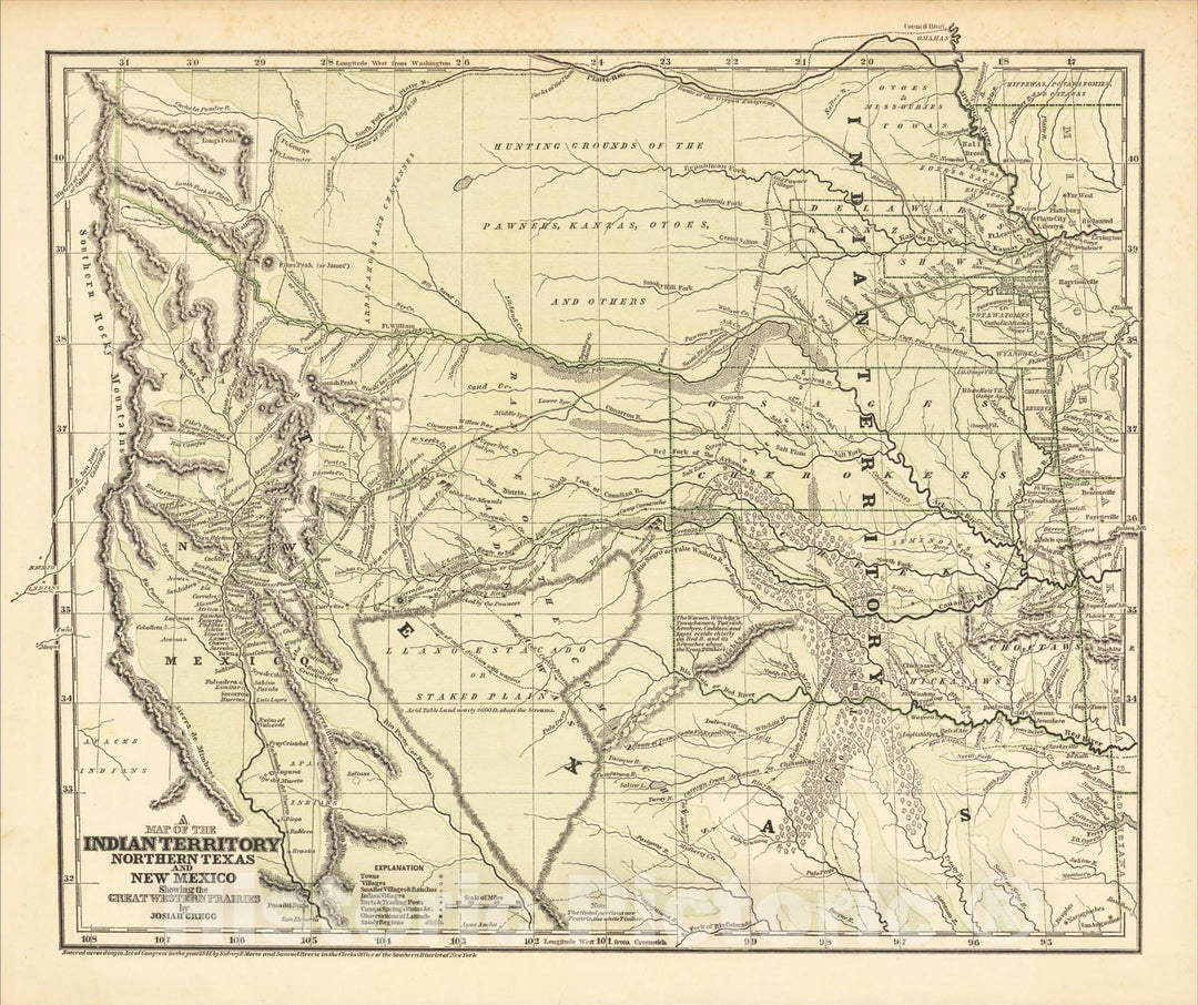 Historic Map : A Map of The Indian Territory, Northern Texas And New Mexico Showing the Great Western Prairies by Josiah Gregg, 1844, Josiah Gregg, v3, Vintage Wall Art