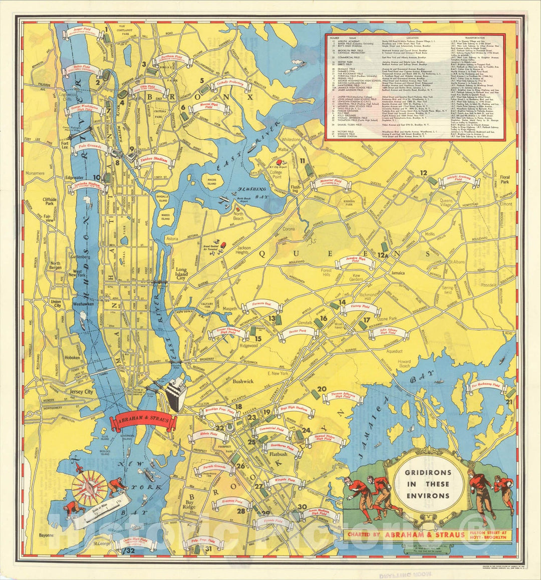 Historic Map : (New York City Football) Gridirons in these Environs, 1931, Abraham & Straus, Vintage Wall Art