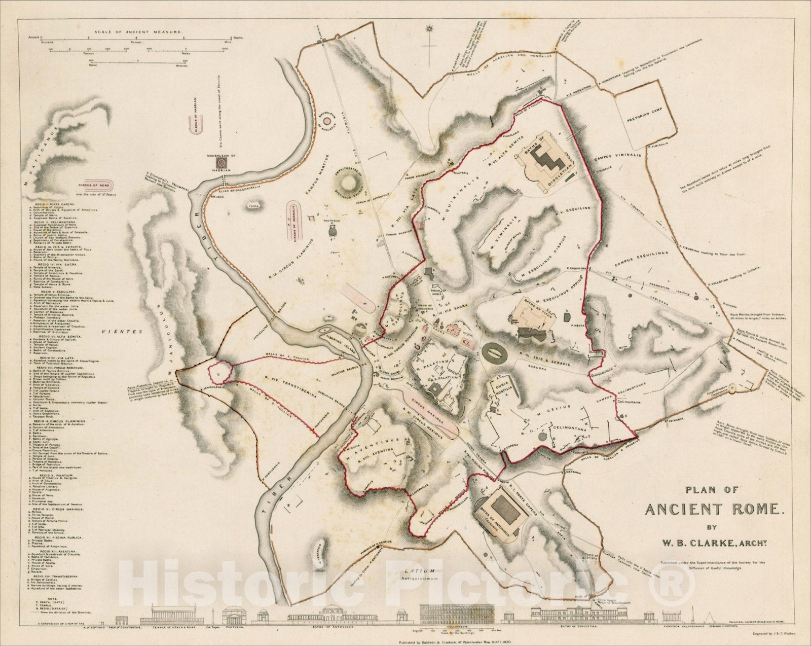 Historic Map : Plan of Ancient Rome. By W.B. Clarke, Archt., 1830, SDUK, v4, Vintage Wall Art