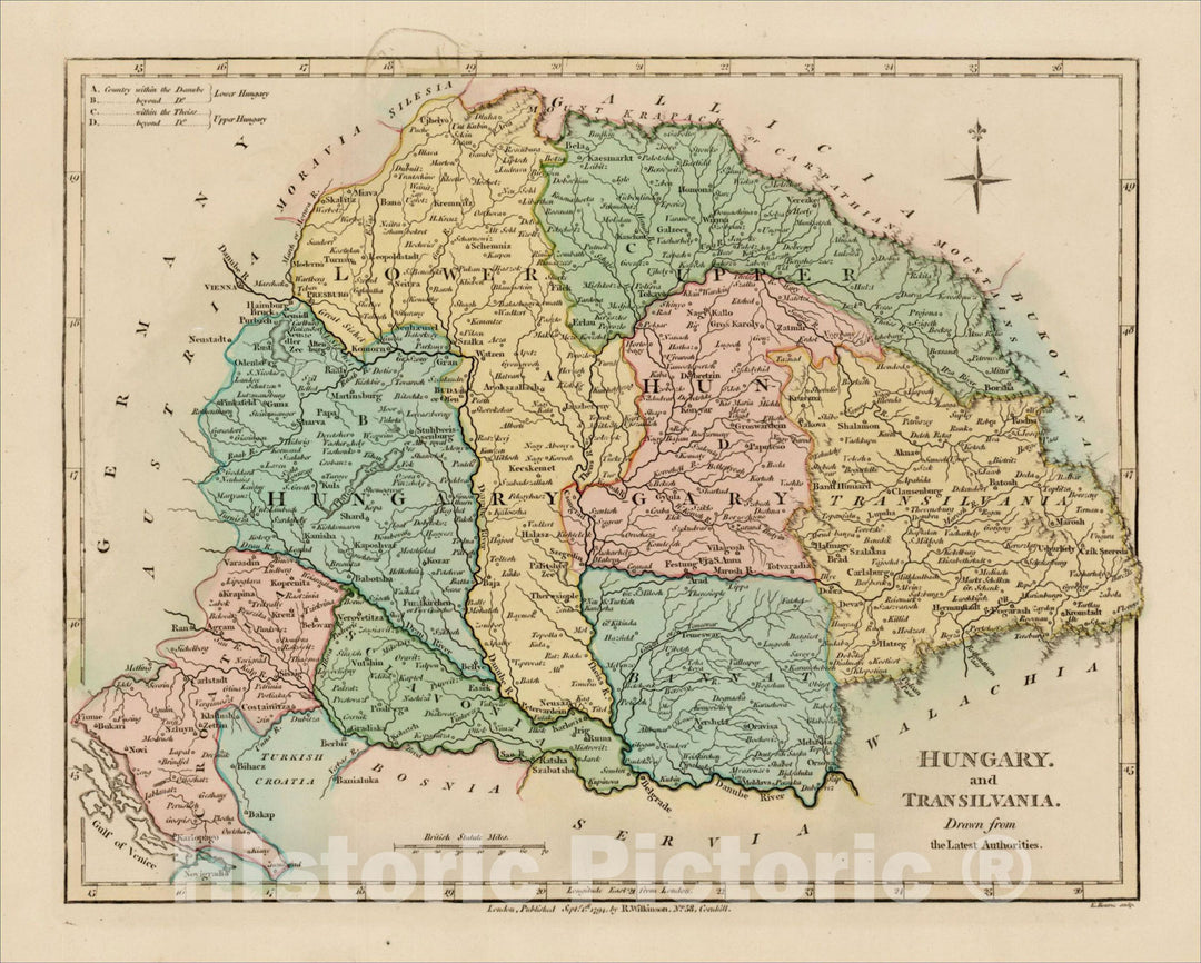 Historic Map : Hungary and Transilvania Drawn from the Latest Authorities, 1806, Robert Wilkinson, Vintage Wall Art