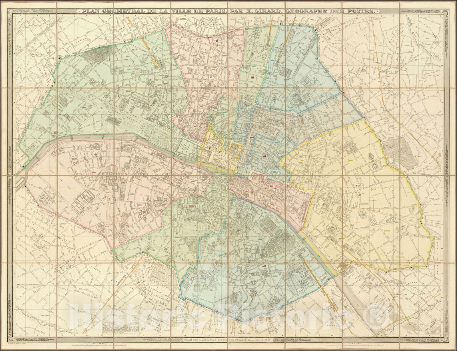 Historic Map : Plan Geometral De La Ville De Paris, Par X. Girard, Geographe Des Postes 1857, 1857, Xavier Girard, Vintage Wall Art