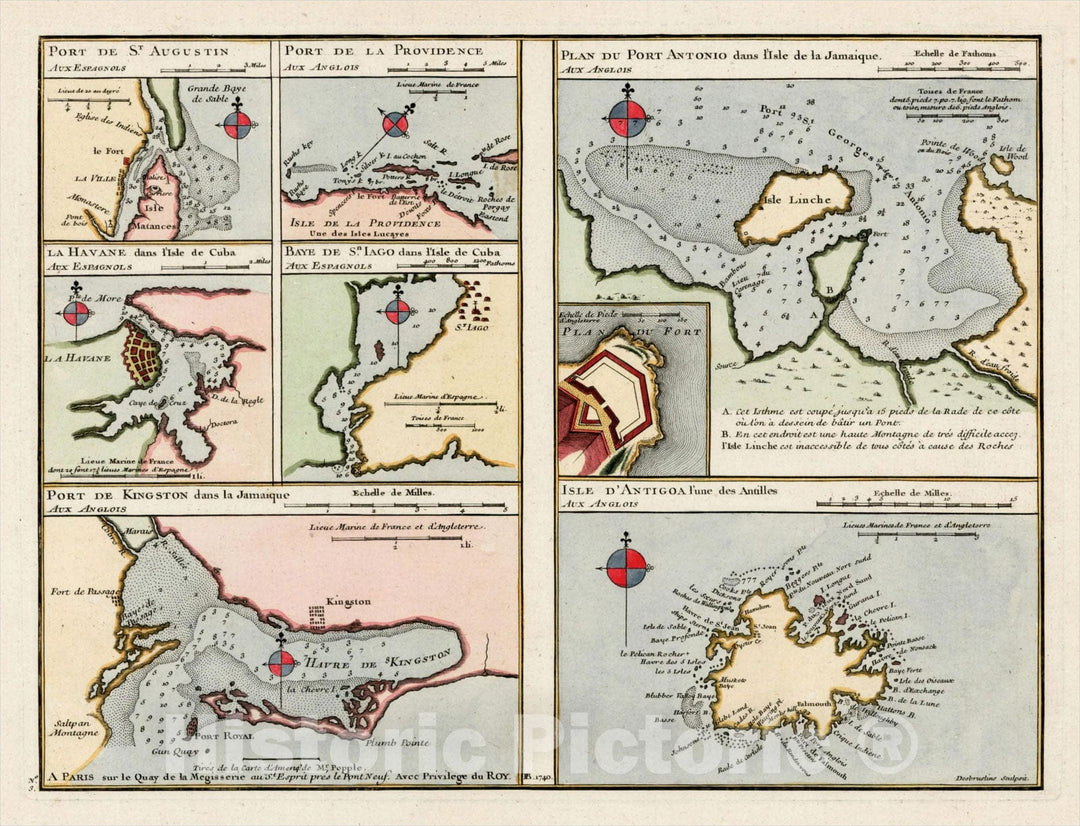 Historic Map : Harbors, Towns & Fortresses of St. Augustine, Grand Bahama Island, Jamaica, Havana, Santiago (Cuba), Kingston, and Antiqua, 1740, , Vintage Wall Art