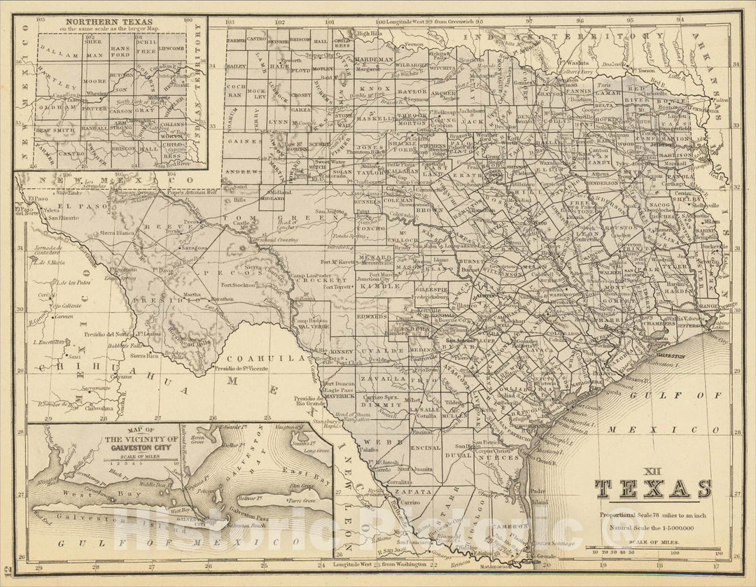 Historic Map : Texas, c1870, Samuel Augustus Mitchell Jr., Vintage Wall Art