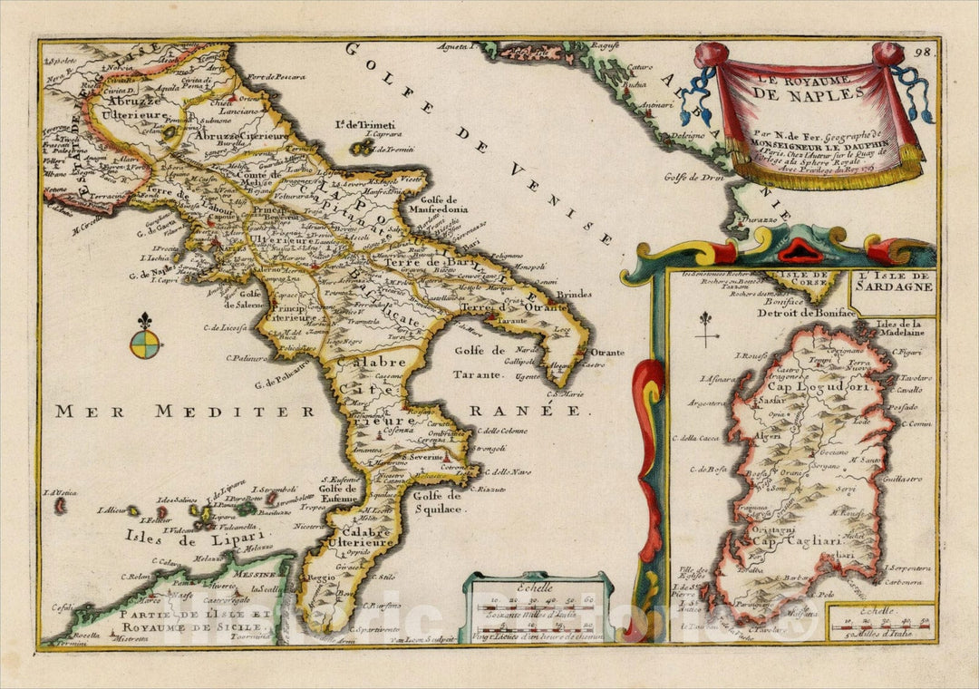 Historic Map : Les Royaume De Naples . . .1705 [Includes Sardinia], 1705, Nicolas de Fer, Vintage Wall Art