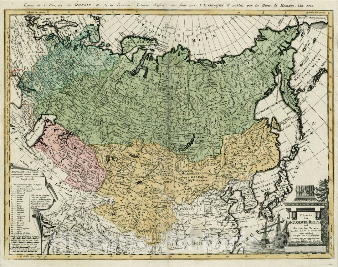 Historic Map : Charte das Russische Reiche und ide von den Tatarn Bewohnte Lander in Europa und Asia Enthalten, 1786, 1786, Homann Heirs, Vintage Wall Art