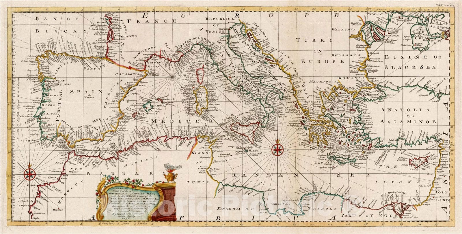 Historic Map : An Accurate Chart of the Mediterranean and Adriatic Seas; with the Archipelago & Part of the Black Sea, 1748, 1748, Emanuel Bowen, Vintage Wall Art