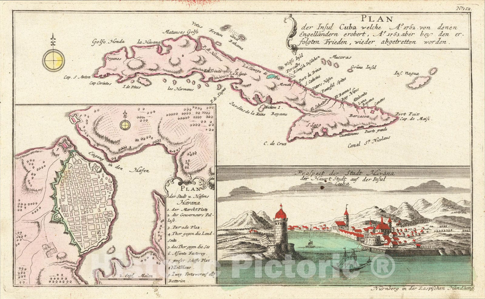 Historic Map : Plan der Insul Cuba welche ao. 1762 von denen Engellandern erobert, 1765, Gabriel Nikolaus Raspe, Vintage Wall Art