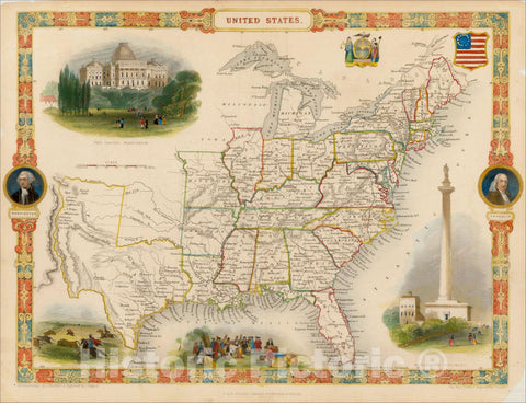 Historic Map : United States Including Texas, 1848, John Tallis, v5, Vintage Wall Art