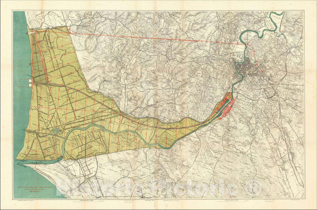 Historic Map : [Expanding Rome To the Sea] Progetto per l'espansione di Roma al Mare dell'architetto Dario Carbone, 1912, Dario Carbone, Vintage Wall Art